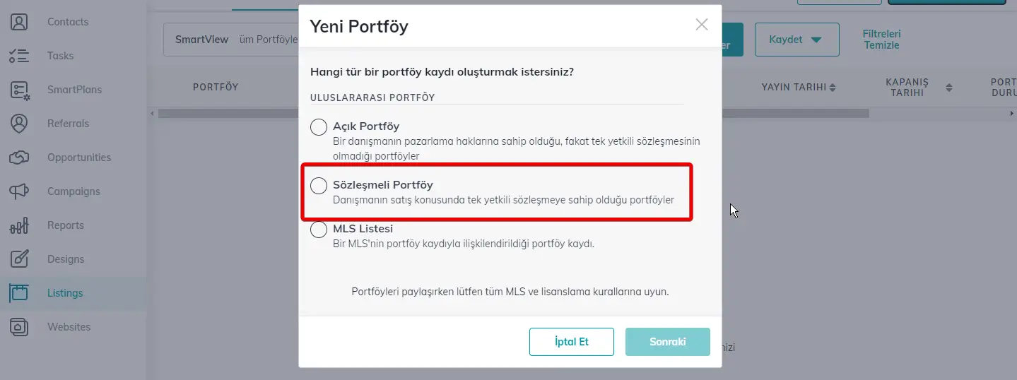 Açılan pencerede “Sözleşmeli Portföy” seçerek devam edin